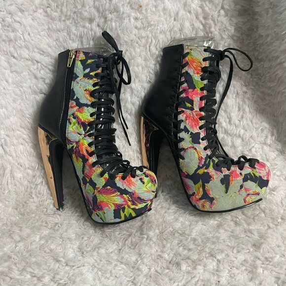 Privilege Stayhigh Floral multi color lace up hidden platform ankle boots size6 - Picture 4 of 14